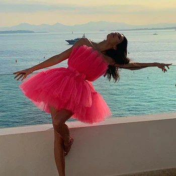 2019 Seksi Fazi In Plesne Obrabe Neon Hot Pink Balle Mehurček Obleko Off Ramenski Očesa Mini Obleka Backless Sexy Klub Obleke Vestidos