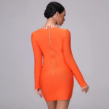 2020 Nove Jesensko Žensk Povoj Obleko Oranžna Proti-vrat Votlih Ljubica Beaded Mini Tesen vgradnjo Dolgo sleeved Seksi Stranka Obleko