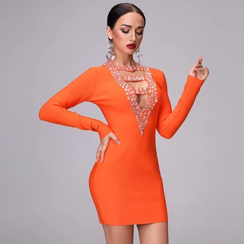2020 Nove Jesensko Žensk Povoj Obleko Oranžna Proti-vrat Votlih Ljubica Beaded Mini Tesen vgradnjo Dolgo sleeved Seksi Stranka Obleko