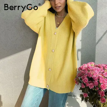 BerryGo Priložnostne v-izrez kimono jopico ženske Jeseni, pozimi luč rokav gumb pletene cardigan 2020 Ulične ženski puloverji