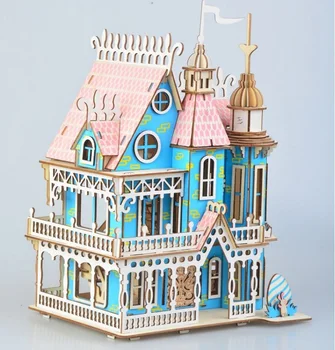 Candice guo! izobraževalne lesene igrače 3D puzzle DIY woodcraft montažo kit graditi modre hiše fantasy vile dekle darilo za rojstni dan 1pc