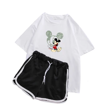 Disney ženska poletje Mickey Miške Minnie moda svoboden kratek rokav T-shirt + priložnostne hlače, dvodelne športni set