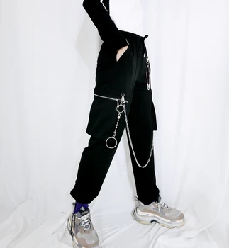 Harajuku Hlače Ženske Visoko Pasu Verige in Pin Dekoracijo Svoboden Vrvico Hip Hop Hlač Punk Gothic Moda