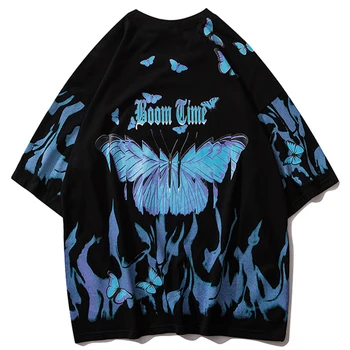 Hip Hop Hoodies Ulične Majica Priložnostne Bombaž Puloverji Modri Plamen Metulja Print Harajuku Hoodie Sweatshirts 2020 Jeseni