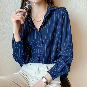 Korejski Ženske Majice Šifon Ženske Bluze z Dolgimi Rokavi Vrhovi Ženska Belo Bluzo Srajce Ženska Črtasto Majico Top Plus Velikost XXL