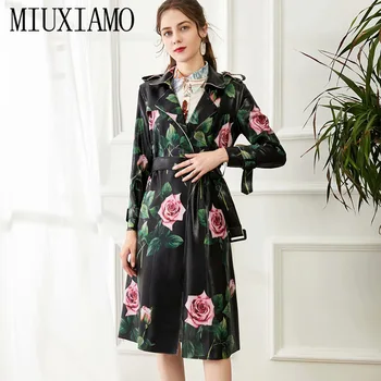 MIUXIMAO 2021 Pomlad Jesen Plašč Dolgo sleeved Dvojni Pas Elegantno Rose Tiskanja Mid-dolžina Vestidos s Pasom Ženska Jakne