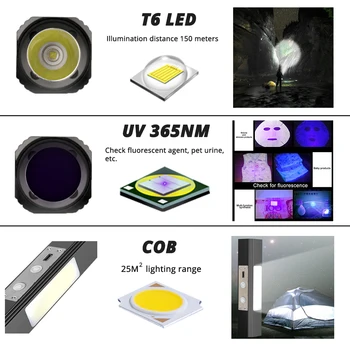 Močna LED Svetilka T6 white light+UV 365NM Ultravijolično Večfunkcijsko Baklo se Uporabljajo ponoči, fluorescentna agent odkrivanje, itd.