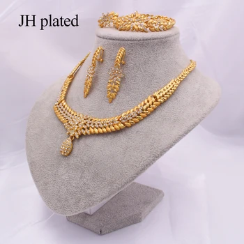 Nakit kompleti za Ženske Dubaj 24K zlata barva Indiji, Nigeriji, poročna darila, ogrlico, uhane, Zapestnico, prstan iz Etiopije nakit