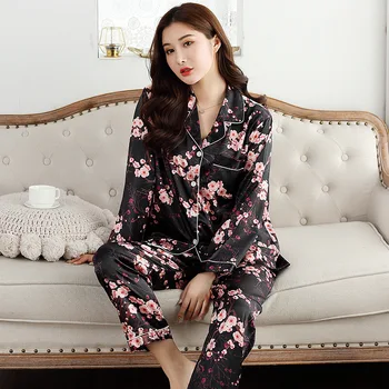 Novo Pomlad Pajama Dolg Rokav Tanke Ženske Pižame Korejski Osebno Domov Oblačila Simulacije Svile Dveh Sklopov Natisnjeni Pijama Mujer