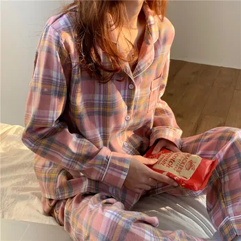 Pomlad ženske kariran pižamo nastavite dolg rokav korejski elegantna karirasti sleepwear dekleta pižame homewear dekleta mreža domov pjs določa L152