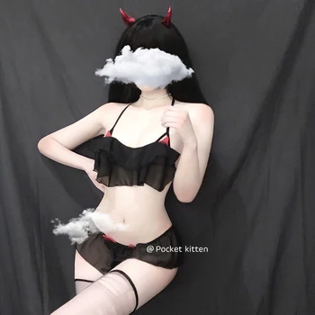 Seksi Kostumi Kawaii čipke Vrhu Nastavite Žensk Devil Angel Cute Anime Cosplay pustna Erotično Perilo S Pantie Bikini komplet