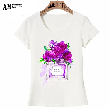 Stekleničke parfuma Akvarel Ročno Poslikane Z Vijola /Roza/Modro Cvetje T-Shirt Modi Ženske T-shirt Moda Street Girl Tees Vrhovi
