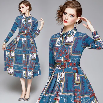 Vintage Blue Print Elegantno Srajco, Obleko 2020 Pomlad Ženske Enotni-zapenjanje Dolg Rokav Mid-tele Stranke Obleke Urad Dama Vestidos