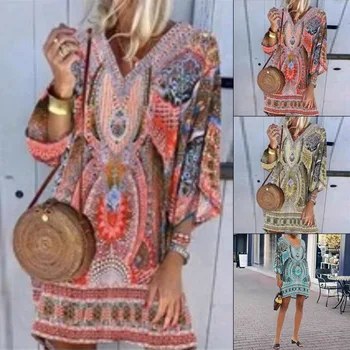 Vintage Priložnostne Ženske Obleka Elegantna Tiskanja Bohemian Plažo, Obleke Proti-Vrat Dolgimi Rokavi, Kratke Boho Obleko Ženski Vestidos 2020