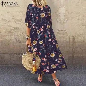 ZANZEA Bohemian Tiskanja Obleko Plus Velikost Ženske Priložnostne Cvetlični Dolgo Maxi Obleke Pol Rokav O Vratu Vestidos Počitnice Stranka Plaži Robe
