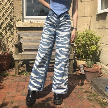 Zebra Proge Tiskanja Ženske Jeans E-dekle 90. Letnika Visoke Pasu Traper Hlače Svoboden Moda Tovora Naravnost Hlače Hip Hop Obrabe