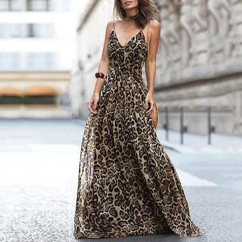 Ženske Leopard Tiskanja Dolgo Obleko V Vratu Špageti Naramnice Poletje Plaža Obleke 2020 Brez Rokavov Priložnostne Obleko Maxi Vestidos